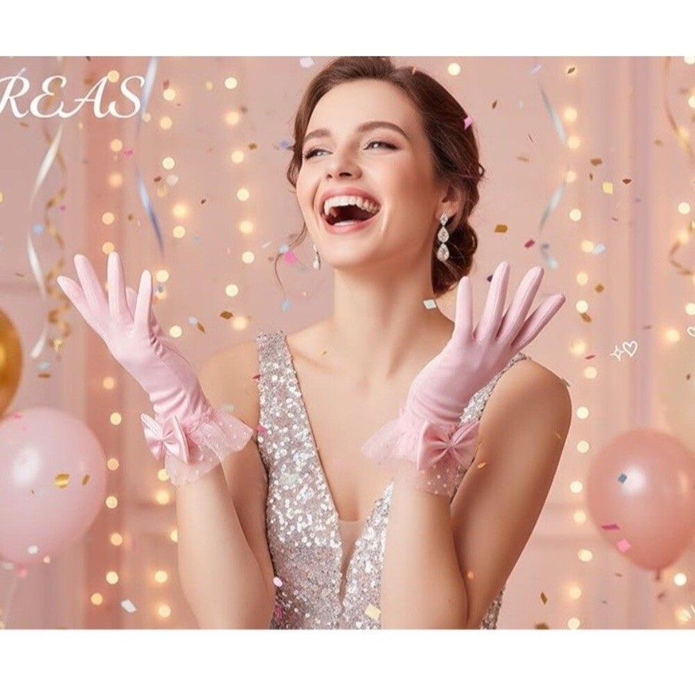 Pink Lace Gloves Women Bridal Opera Tea Party Derby Short Brides mate Gloves Bow